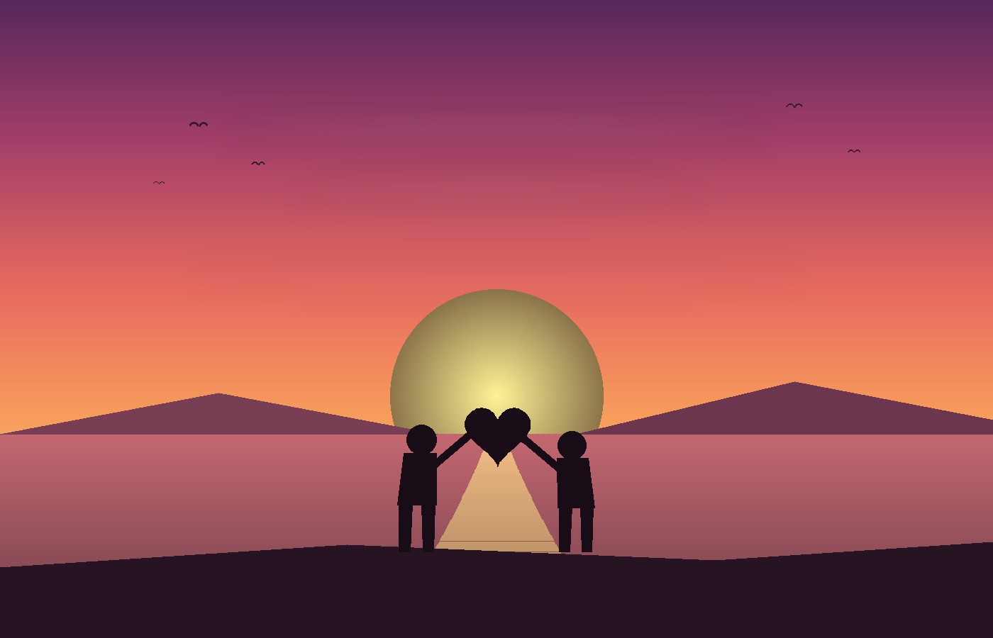 A couple watching the sunset together, forming a heart with their hands